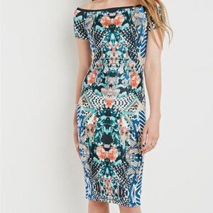 🟠 Forever 21 Blue Multi Abstract Floral Off-the-shoulder Dress Small Medium